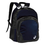 navy and black asics team backpack front view