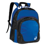royal and black asics team backpack front view
