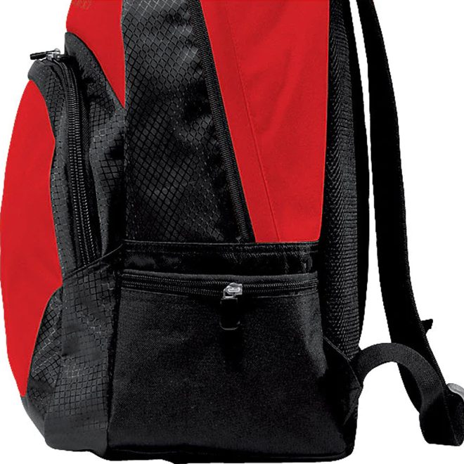 red and black asics team backpack side view