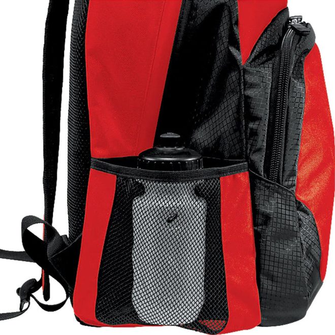 red and black asics team backpack side view with water bottle in pocket