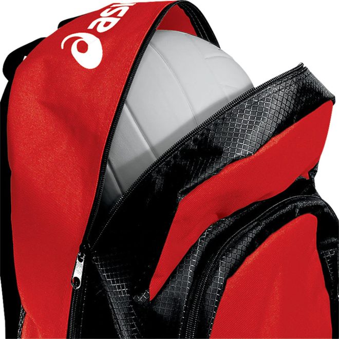 red and black asics team backpack front view with main compartment unzipped with volleyball inside