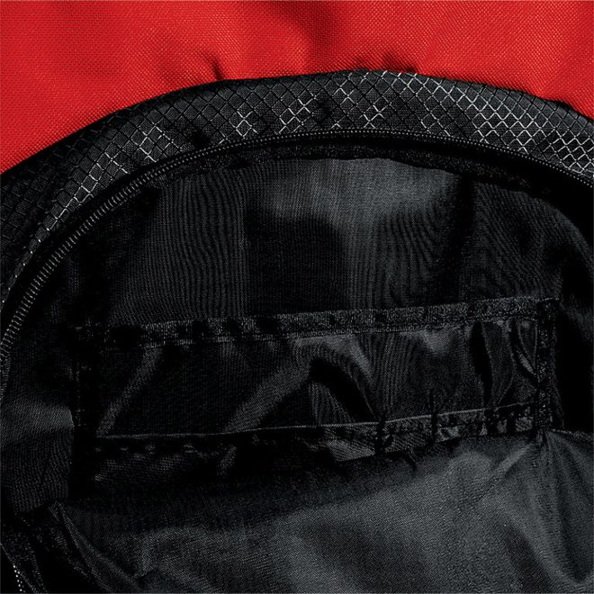 red and black asics team backpack front view close up of open front pocket