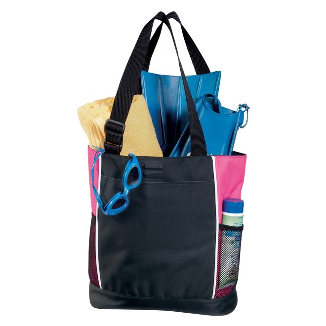 black and tropical pink panel tote bag front view filled with swim gear