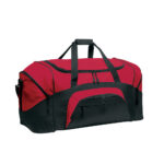 red and black colorblock sport duffel front view