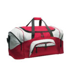 red and grey colorblock sport duffel front view