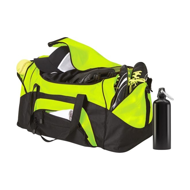 safety yellow and black colorblock sport duffel front view with pockets unzipped filled with gear
