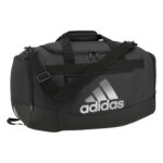 black and silver adidas small defender iv duffel front view