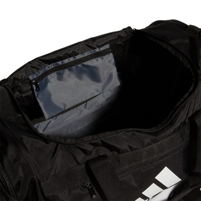 black and white adidas small defender iv duffel top view main compartment unzipped