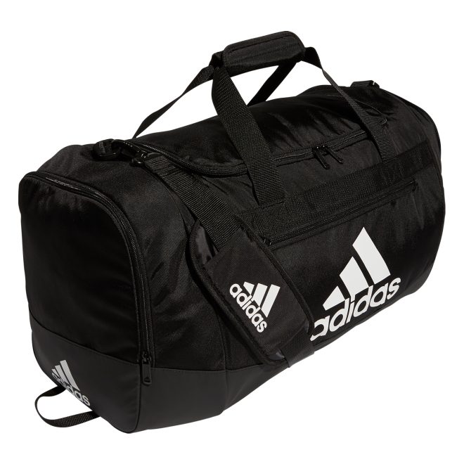 black and white adidas small defender iv duffel front view