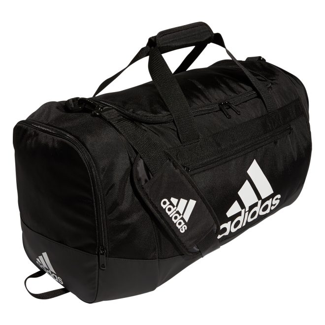 black and white adidas medium defender iv duffel front view