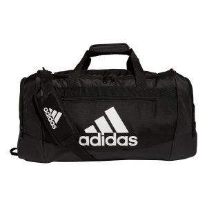 black and white adidas large defender iv duffel front view