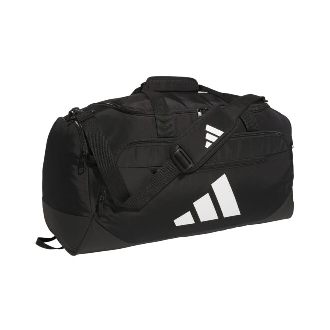 Black adidas Medium Defender 5 Duffel bag, front three-quarters view