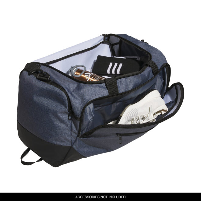 Twill Onix Grey/Black adidas Medium Defender 5 Duffel bag, front three-quarters view filled with gear
