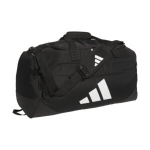 Black adidas Large Defender 5 Duffel bag, front three-quarters view