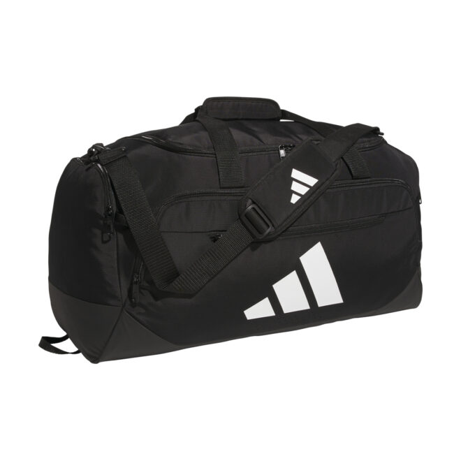 Black adidas Large Defender 5 Duffel bag, front three-quarters view