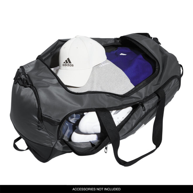 Team Dark Grey adidas Large Defender 5 Duffel bag, front three-quarters view filled with gear