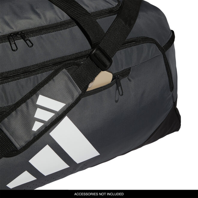 Team Dark Grey adidas Large Defender 5 Duffel bag, front pocket detail