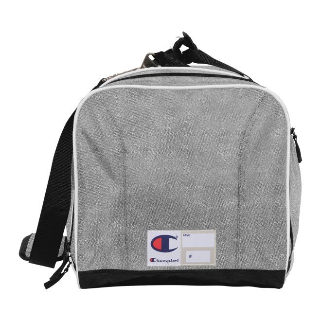 silver glitter champion all around glitter duffle bag side view