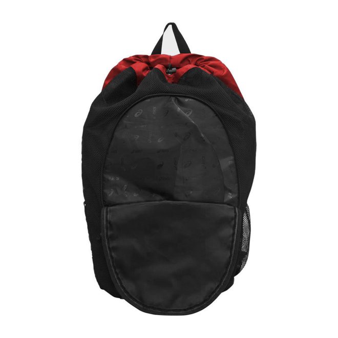 red and black asics gear bag 2.0 with front zippered compartment open front view