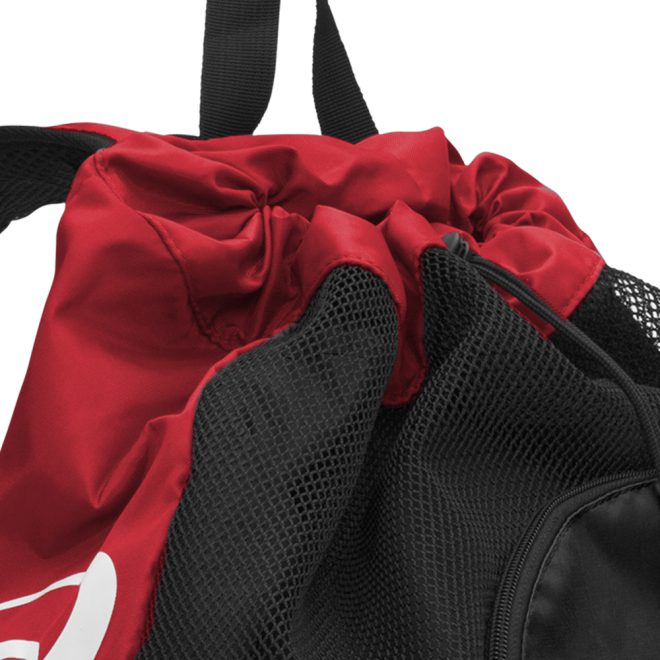 red and black asics gear bag 2.0 close up of top pocket cinch