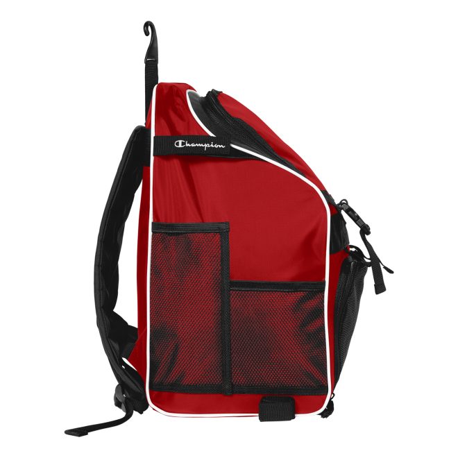 red, black and white champion all sport backpack side view