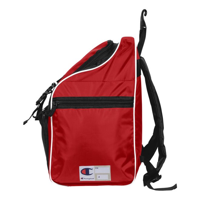 red, black and white champion all sport backpack side view