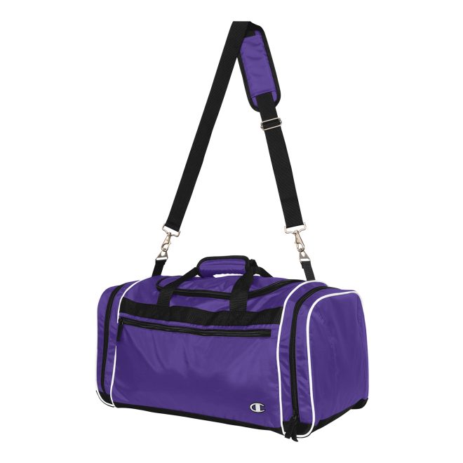 purple, black and white champion all around duffle bag front view