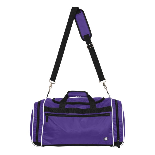 purple, black and white champion all around duffle bag front view