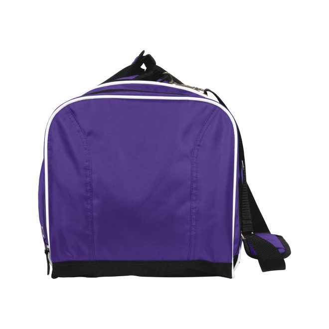 purple, black and white champion all around duffle bag side view