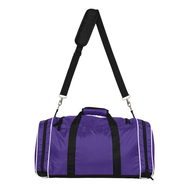 purple, black and white champion all around duffle bag back view