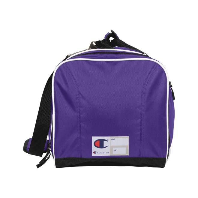purple, black and white champion all around duffle bag side view