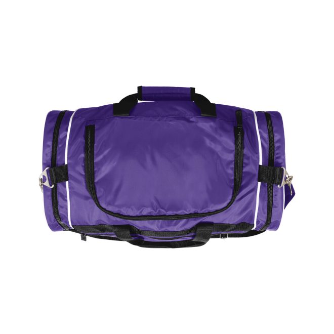 purple, black and white champion all around duffle bag top view
