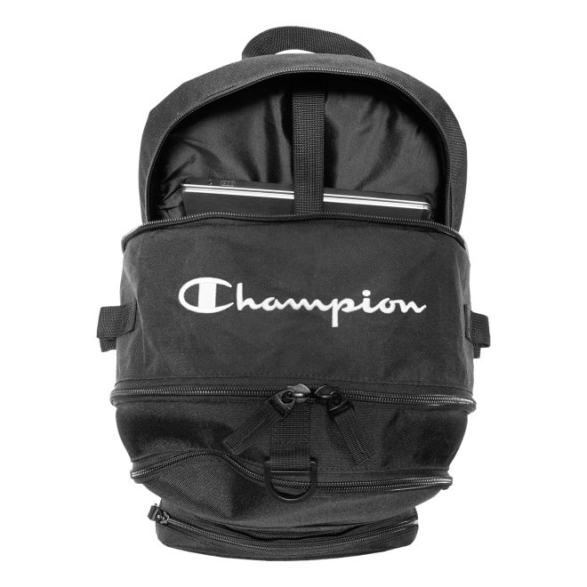black champion squad backpack top view with back pocket unzipped