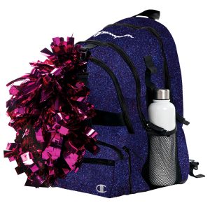 twilight glitter and black champion squad glitter backpack filled with maroon poms and white water bottle front view