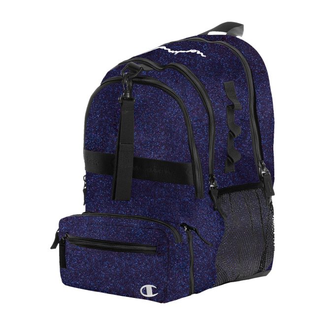 twilight glitter and black champion squad glitter backpack front view