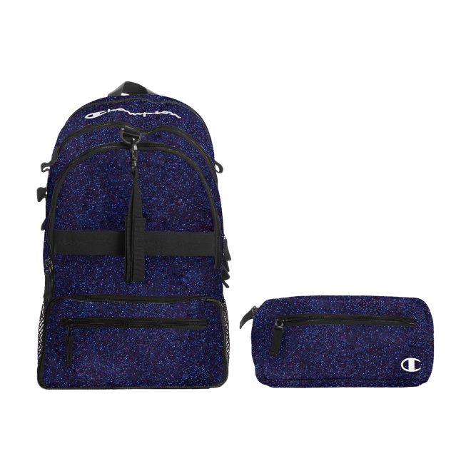 twilight glitter and black champion squad glitter backpack front view with fanny pack detached