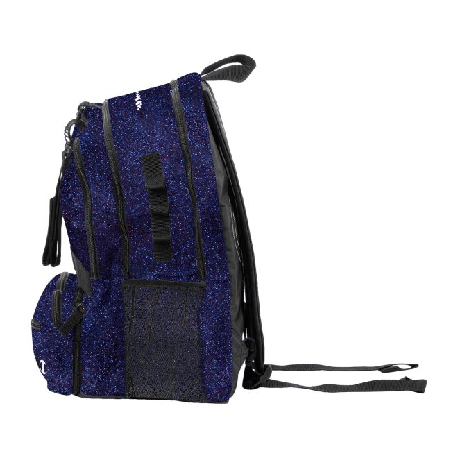 twilight glitter and black champion squad glitter backpack side view