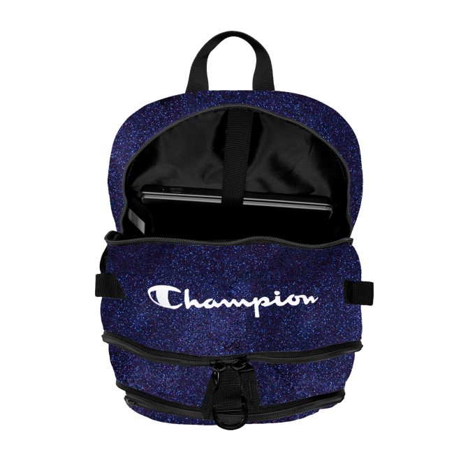 twilight glitter and black champion squad glitter backpack top view with back pocket open