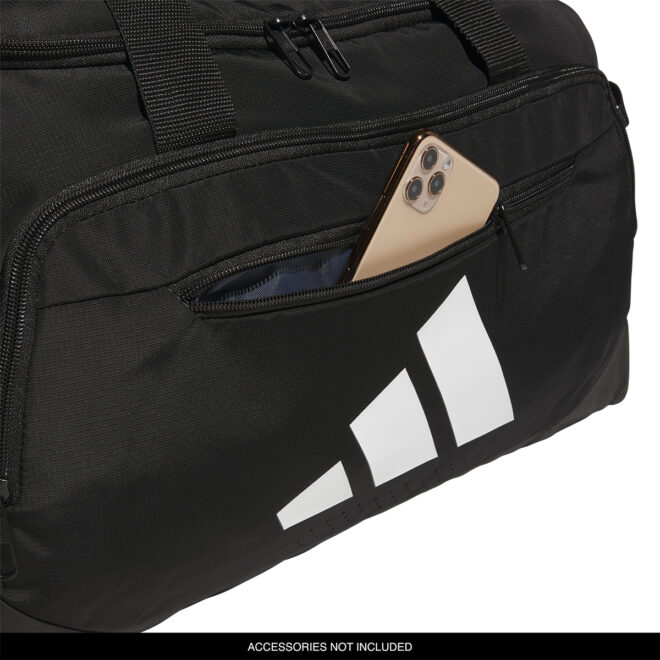 Team Dark Grey adidas Small Defender 5 Duffel bag, front pocket detail