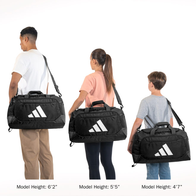 Black adidas Small Defender 5 Duffel bag, size examples with models