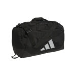 Black/Silver Metallic adidas Small Defender 5 Duffel bag, front three-quarters view