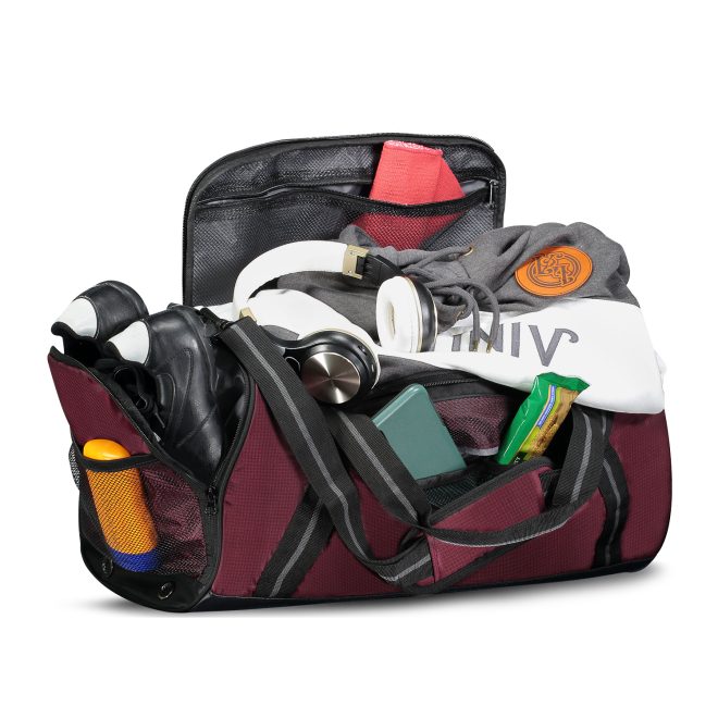 maroon and black holloway rivalry duffel bag filled with gear