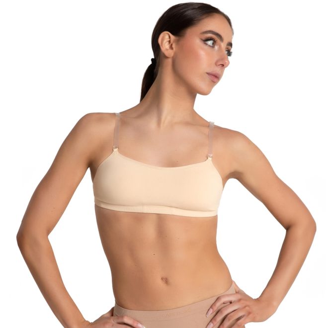 Tan Capezio Adjustable Camisole Bra with Bratek with model - front view