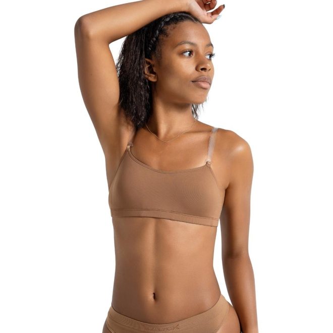 Mocha Capezio Adjustable Camisole Bra with Bratek with model - front view