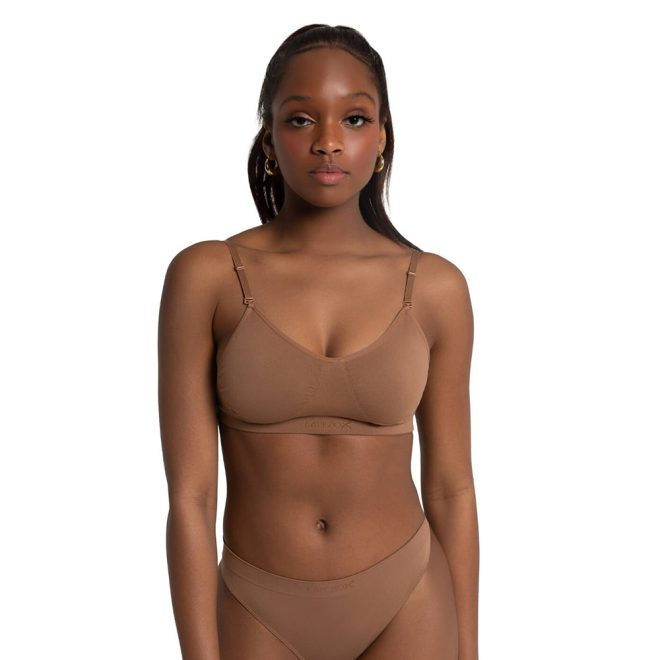 Mocha Capezio Seamless Clear Back Bra with model - front view