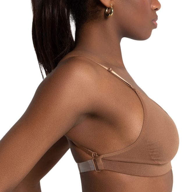 Mocha Capezio Seamless Clear Back Bra with model - size view