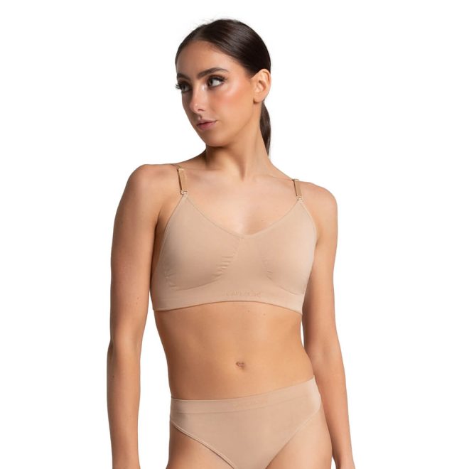 Tan Capezio Seamless Clear Back Bra with model - front view