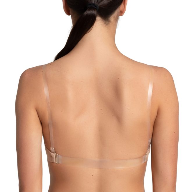 Tan Capezio Seamless Clear Back Bra with model - back view 1