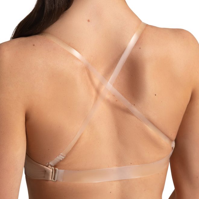 Tan Capezio Seamless Clear Back Bra with model - back view 2