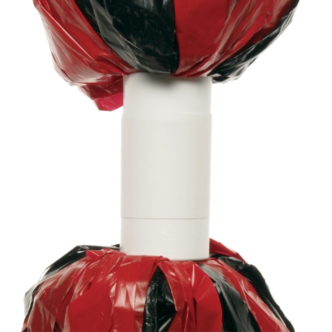 handle of black and red metallic sparkle dance pom